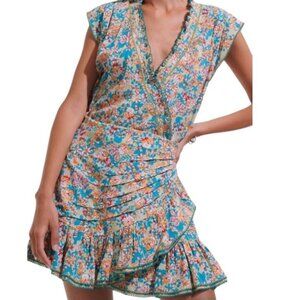 Poupette St. Barth Estelle Floral Cap Sleeve Smocked Waist Draped Mini Dress